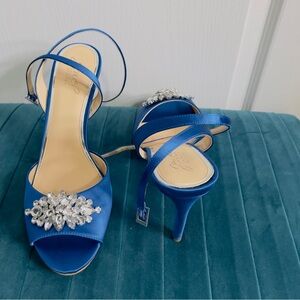 Badgley Mischka Jeweled Hayden peep-toe heels in blue satin 9.5
